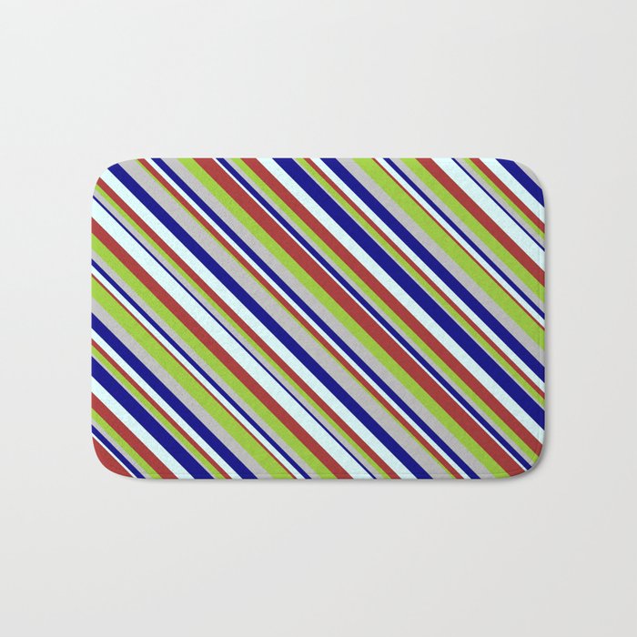 Blue, Light Cyan, Brown, Green, and Grey Colored Striped Pattern Bath Mat