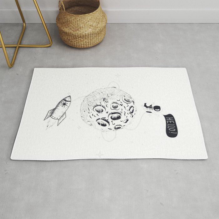 Astronaut With Spaceship Flying Around The Moon Rug