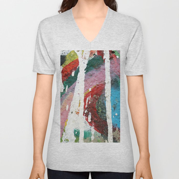 White color dripping over colorful vivid brushstrokes background texture V Neck T Shirt
