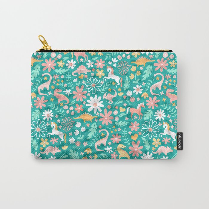 Dinosaurs + Unicorns on Teal Carry-All Pouch