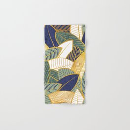 Leaf wall // navy blue pine and sage green leaves golden lines Hand & Bath Towel