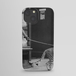 Woman with Cheetah, Phyllis Gordon, with her pet Kenyan cheetah, Paris, France black and white photo iPhone Case