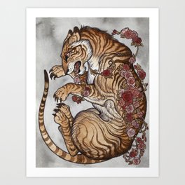 Entangled Art Print | Painting, Illustration, Vines, Tiger, Rose, Ink, Acrylic, Nature, Animal, Watercolor 