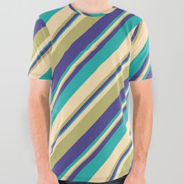 [ Thumbnail: Beige, Dark Khaki, Dark Slate Blue, and Light Sea Green Colored Striped Pattern All Over Graphic Tee ]
