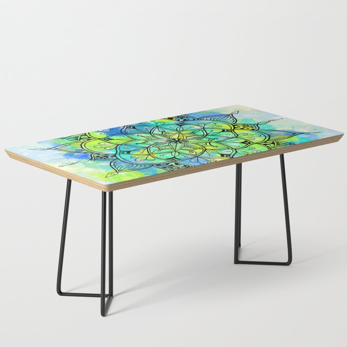 Yellow Green Blue Mandala - Paint Splatter Ray Design  Coffee Table
