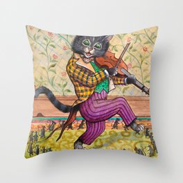 A Cat Playing a Fiddle by Louis Wain Throw Pillow