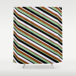 [ Thumbnail: Lavender, Brown, Dark Sea Green & Black Colored Striped/Lined Pattern Shower Curtain ]