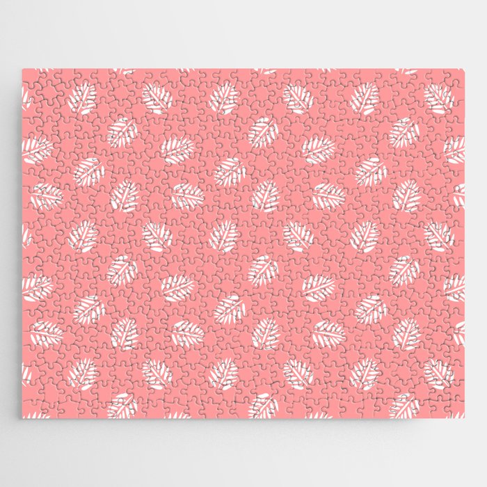 White Tropical Leaf Silhouette Seamless Pattern on Sweet Pink Background Jigsaw Puzzle