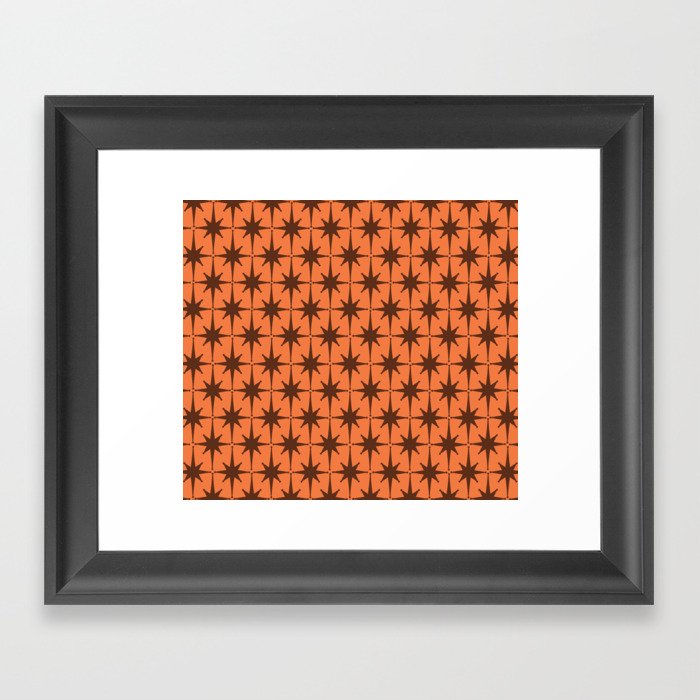 Midcentury Modern Atomic Starburst Pattern in Retro Orange and Brown  Framed Art Print