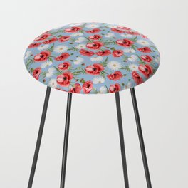 Daisy and Poppy Seamless Pattern on Pale Blue Background Counter Stool