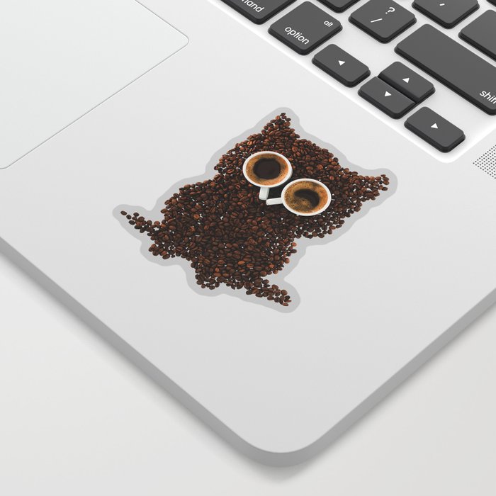 coffee owl, coffee beans laid out in the form of an owl with two cups instead of eyes Sticker