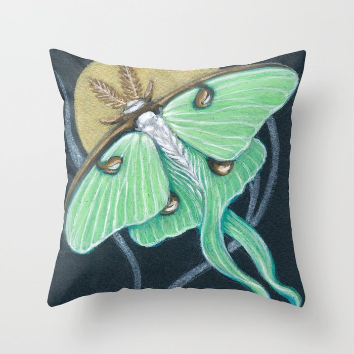 Luna Moth Gold Moon Silver Vine Watercolor Gouache Art Throw Pillow