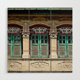 Traditional Singapore Peranakan or Straits Chinese shop house with arched windows and antique green shutters in downtown Singapore Wood Wall Art