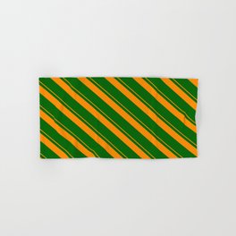 [ Thumbnail: Dark Orange & Dark Green Colored Lines Pattern Hand & Bath Towel ]