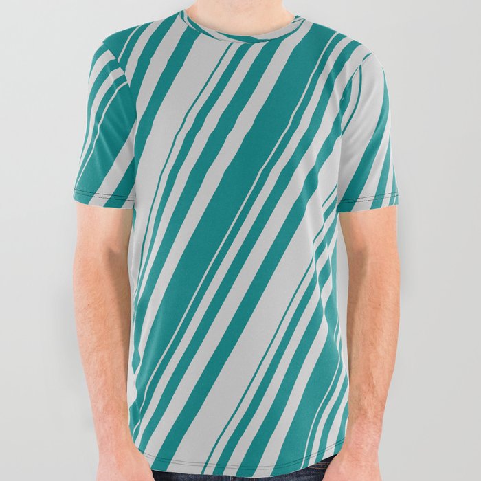 Teal & Light Grey Colored Striped Pattern All Over Graphic Tee