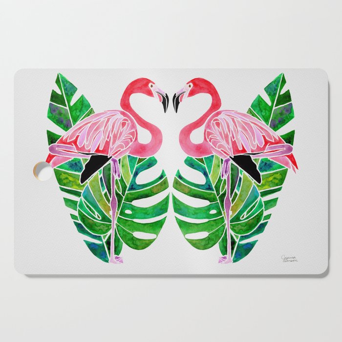 Flamingo and Tropical Leaves Cutting Board