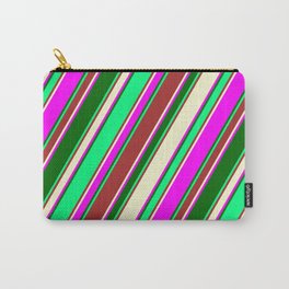 [ Thumbnail: Eyecatching Green, Brown, Light Yellow, Fuchsia, and Dark Green Colored Stripes Pattern Carry-All Pouch ]