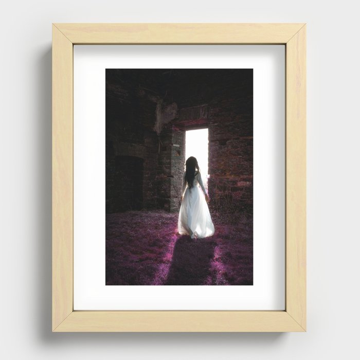 Dreams of lavender; female in beautiful white gown on spring morning walking into sunlight portrait magical realism fantasy color photograph / photography Recessed Framed Print