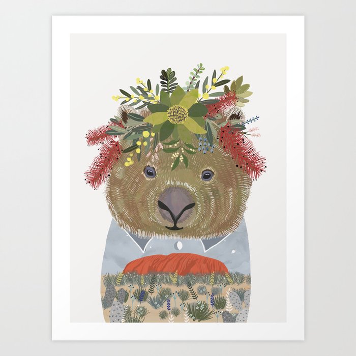 Wombat with floral crown Art Print
