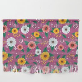 Colorful Spring Flowers Pattern in Magenta Background Wall Hanging