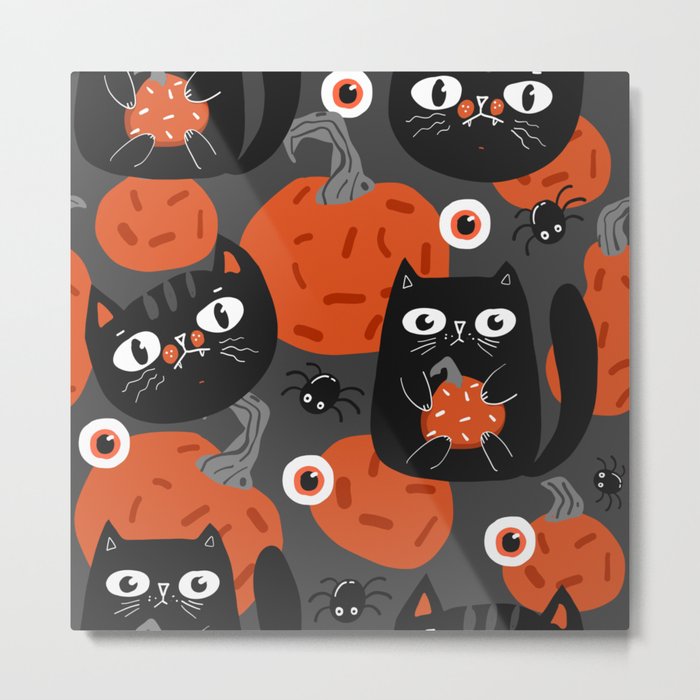 Halloween Seamless Pattern with Cute Pumpkins and Black Cats 02 Metal Print