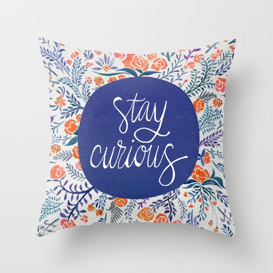 Stay Curious ? Navy & Coral Throw Pillow by Cat Coquillette Society6