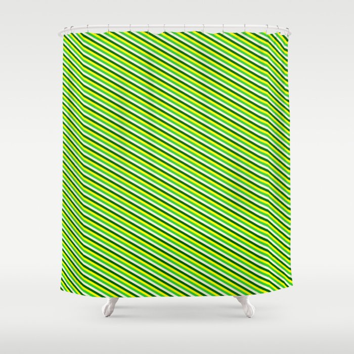 Yellow, Lime Green, Beige & Dark Green Colored Stripes/Lines Pattern Shower Curtain