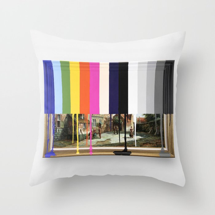Garage Sale Painting of Peasants with Color Bars Throw Pillow
