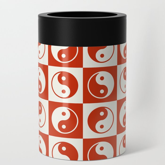 Checkered Yin Yang Pattern (Light Beige + Cherry Red Color Palette) Can Cooler