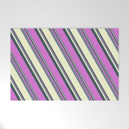 [ Thumbnail: Dark Slate Gray, Orchid, Slate Gray & Light Yellow Colored Striped Pattern Welcome Mat ]