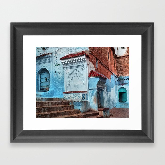 A7 - Oil Painting Blue Traditional Moroccan Doors & Buildings. Framed Art Print
