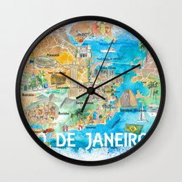 Rio de Janeiro Illustrated Map with Main Roads Landmarks and Highlights Wall Clock