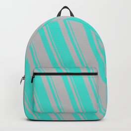 [ Thumbnail: Turquoise and Grey Colored Stripes/Lines Pattern Backpack ]