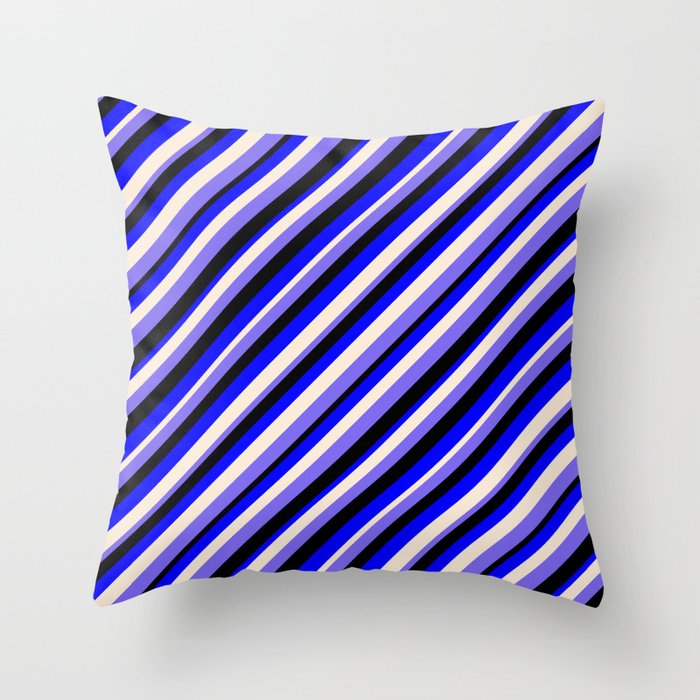 Blue, Beige, Medium Slate Blue & Black Colored Stripes Pattern Throw Pillow