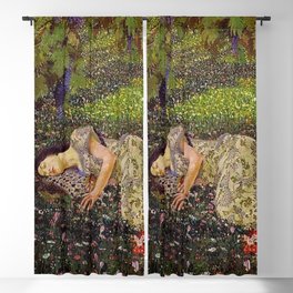 Dreaming, Woman in the Wine Vineyard amid dahlias, peonies & tulips floral painting Blackout Curtain