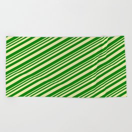 [ Thumbnail: Pale Goldenrod & Green Colored Stripes/Lines Pattern Beach Towel ]
