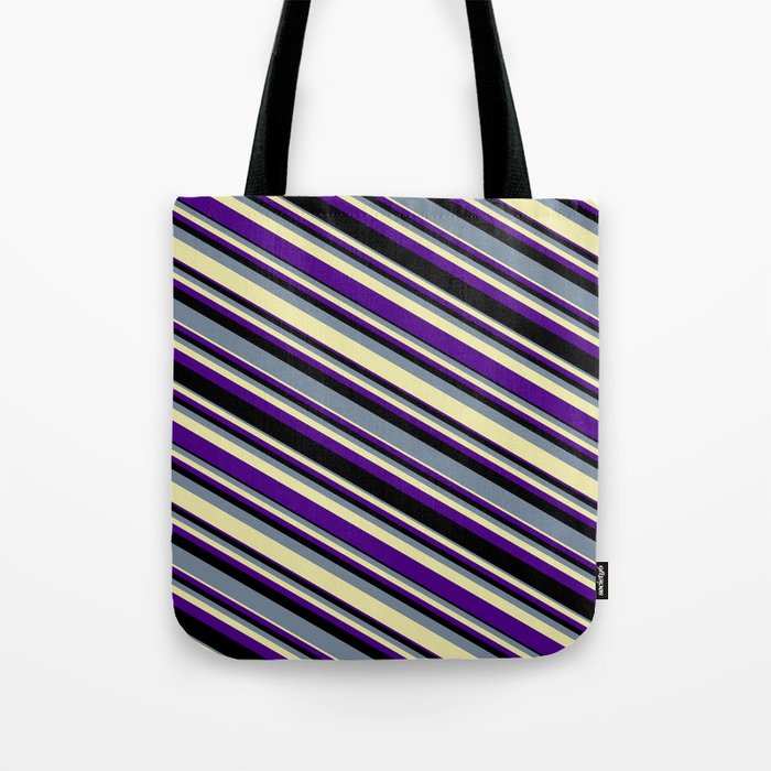 Light Slate Gray, Pale Goldenrod, Indigo, and Black Colored Lined/Striped Pattern Tote Bag