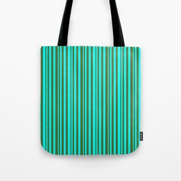 [ Thumbnail: Cyan and Dark Olive Green Colored Lined/Striped Pattern Tote Bag ]