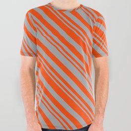 [ Thumbnail: Red & Dark Grey Colored Striped/Lined Pattern All Over Graphic Tee ]