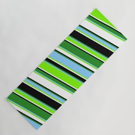 [ Thumbnail: Colorful Forest Green, Light Sky Blue, Green, White, and Black Colored Pattern of Stripes Yoga Mat ]