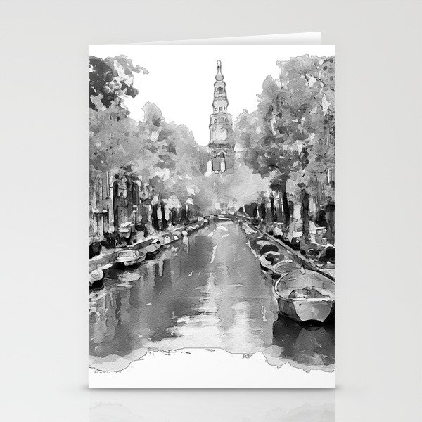 Black and White Watercolor Painting - Groenburgwal - Amsterdam Canal Stationery Cards