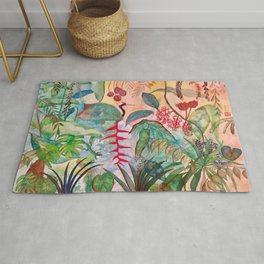 Jungle Rug | Leaves, Vibrant, Heliconia, Flowers, Heron, Green, Bird, Painting, Watercolor, Colorful 