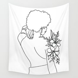 Black Girl Magic With Flowers Black and White Line Artwork Wall Tapestry
