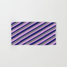 [ Thumbnail: Gray, Plum & Midnight Blue Colored Pattern of Stripes Hand & Bath Towel ]