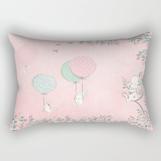 Cute flying Bunny with Balloon and Flower Rabbit Animal on pink floral backround Rectangular Pillow