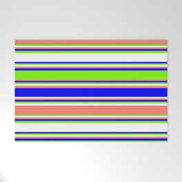 [ Thumbnail: Blue, Green, White, and Salmon Colored Lined Pattern Welcome Mat ]