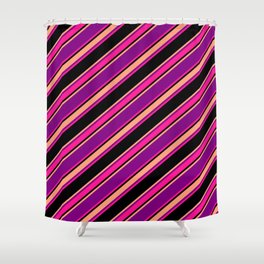 [ Thumbnail: Purple, Deep Pink, Black & Light Salmon Colored Striped Pattern Shower Curtain ]