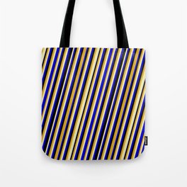 [ Thumbnail: Goldenrod, Pale Goldenrod, Blue & Black Colored Striped Pattern Tote Bag ]