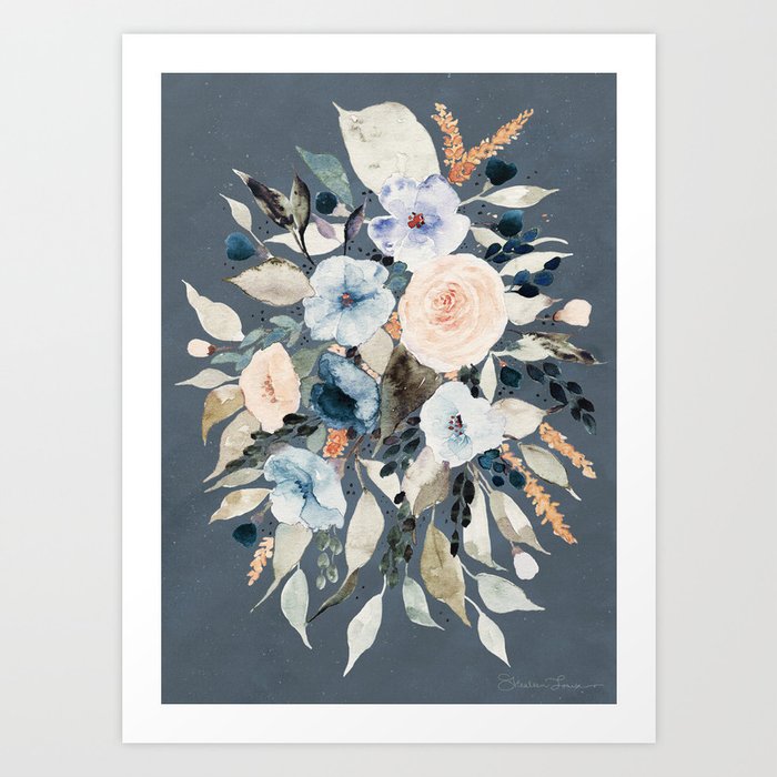 Loose Watercolor Bouquet on Blue Art Print