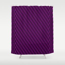 [ Thumbnail: Fuchsia and Black Colored Lined/Striped Pattern Shower Curtain ]